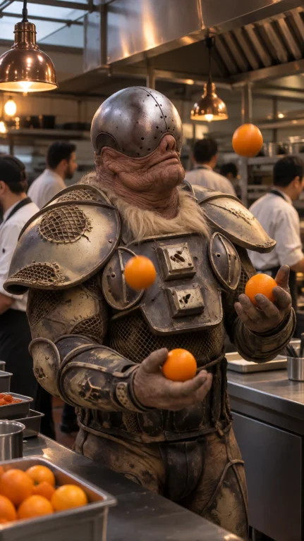 Tvlk Alien Man, Chest-up, Eye-level, Juggling Oranges Mid-ai...