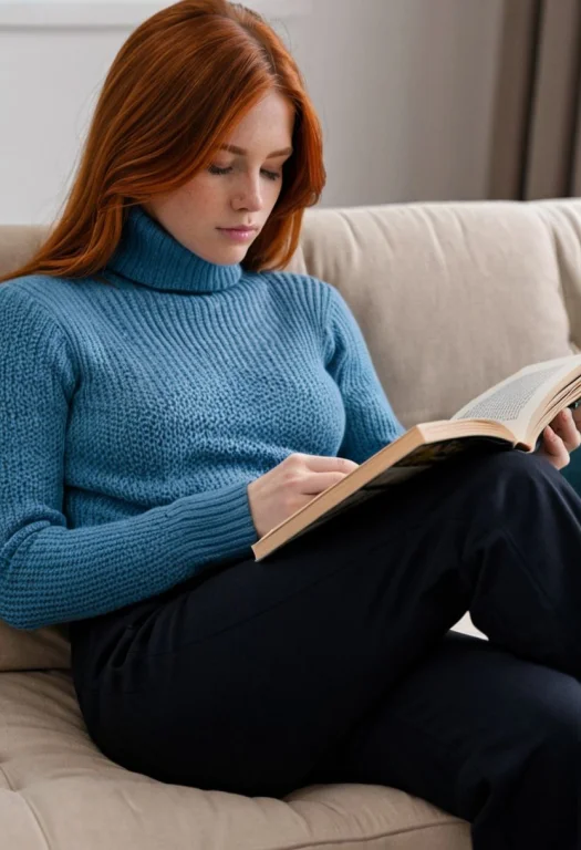 Ginger Hair Woman Wearing A Blue Turtle Neck Sweater, Rests...