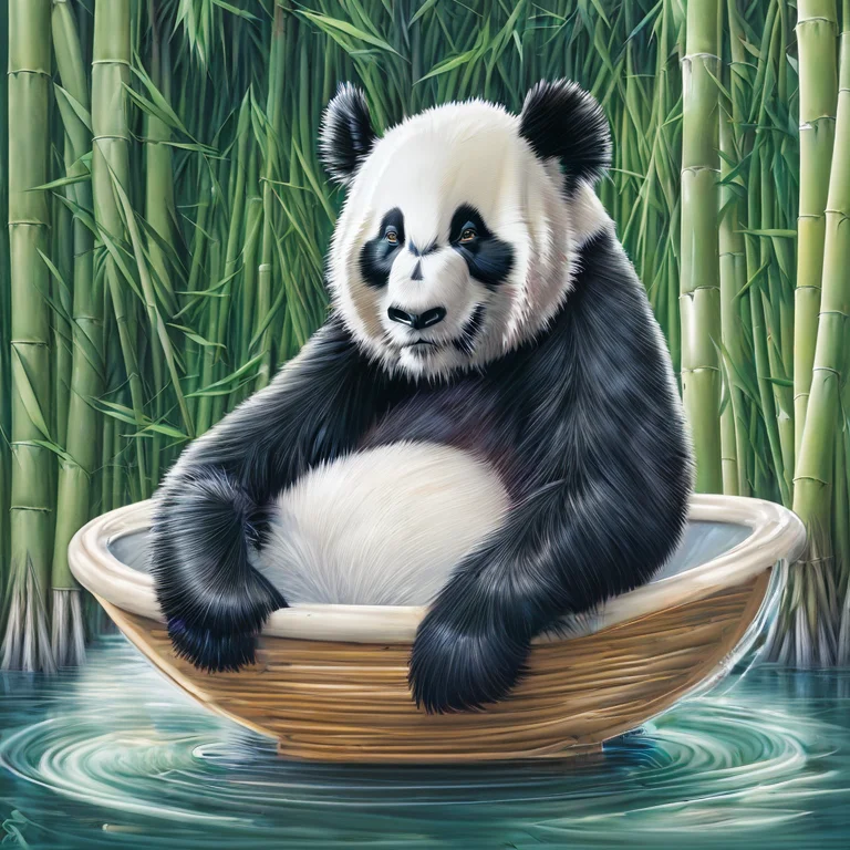 A Panda Bear Sitting In A Bathtub Surrounded By Bamboo Shoot...