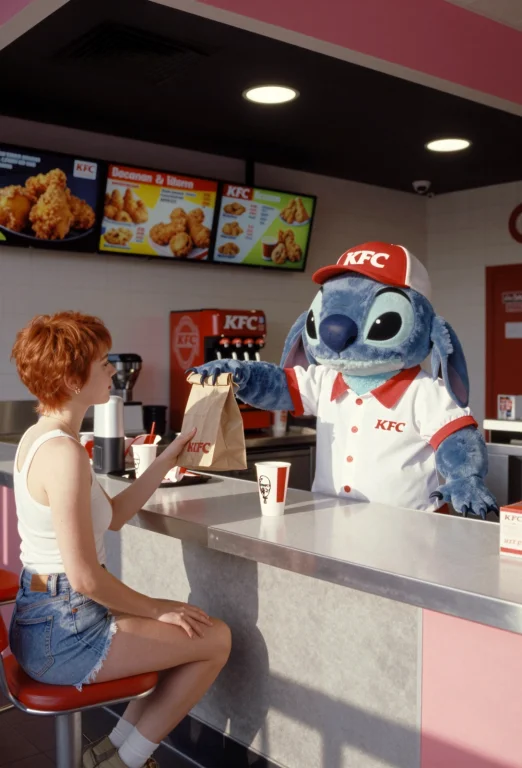 A Sexy Young Woman In A Modern Kfc Restaurant. Gleaming Stai...