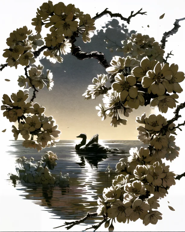 M1v8 A Digital Painting Of A Serene Water Scene Framed By Ch...