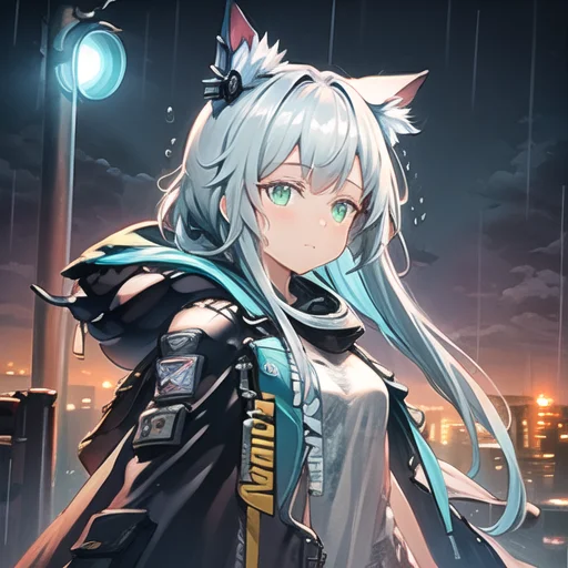1girl, Jacket, Rain, City, Neon Lights, Cloudy Sky, Night, L...
