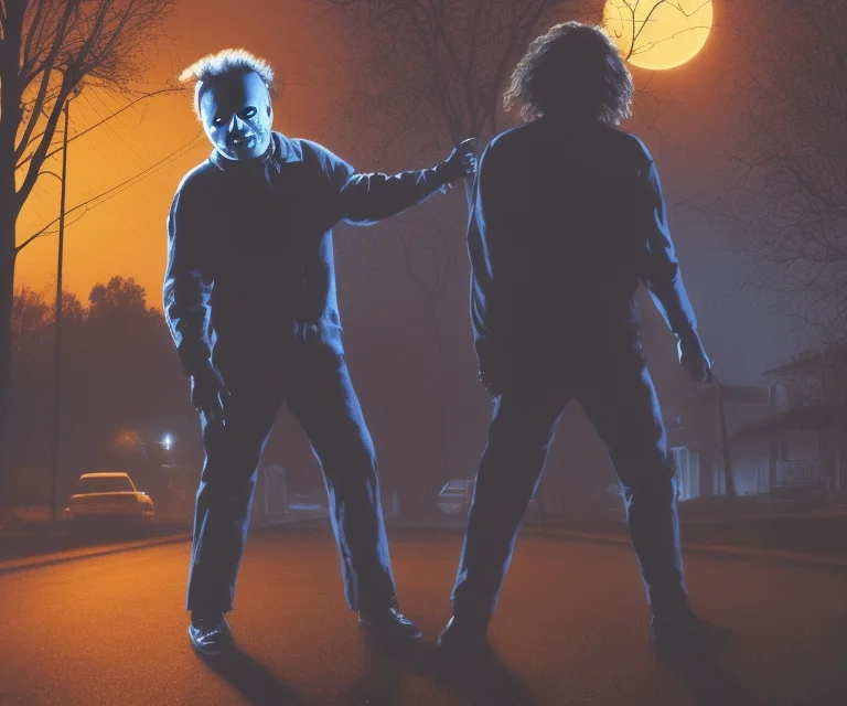 Michael Myers Walking Down The Street In A Suburb On Hallowe...