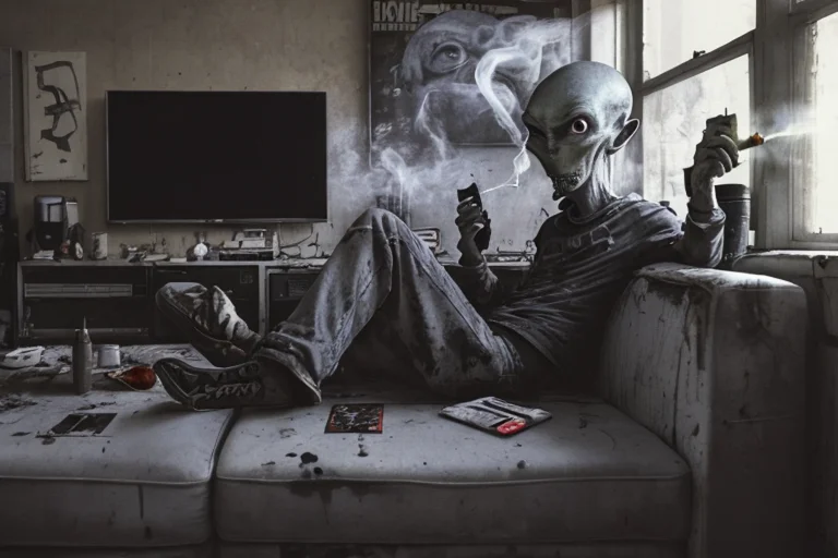 A Grey Alien Sits On A Ragged Dirty Couch And Smokes A Cigar...