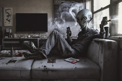 A Grey Alien Sits On A Ragged Dirty Couch And Smokes A Cigar... — Stable Diffusion AI Prompt: a grey alien sits on a ragged dirty couch and smokes a cigarette in one hand whi...