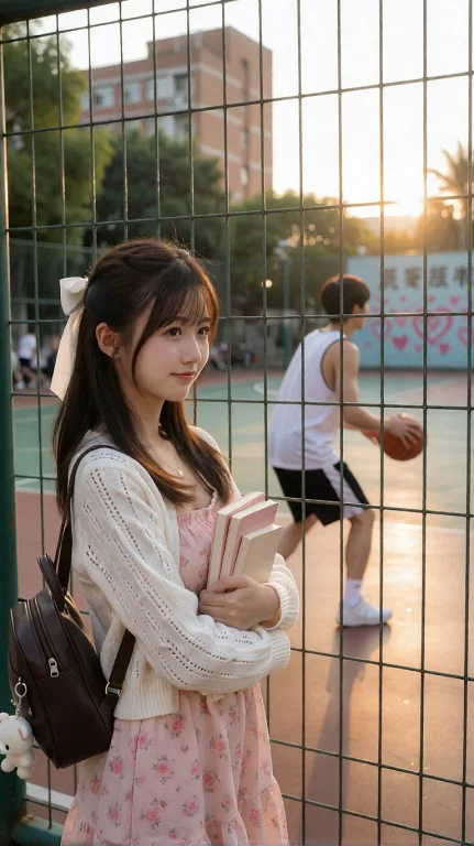 ✏️超寫實電影感校園青春攝影，9:16直式構圖。 夕陽黃昏時分的校...
