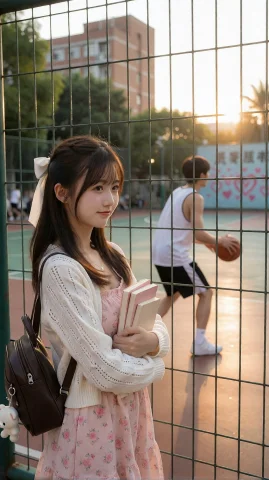 ✏️超寫實電影感校園青春攝影，9:16直式構圖。 夕陽黃昏時分的校... — Stable Diffusion AI Prompt: ✏️超寫實電影感校園青春攝影，9:16直式構圖。 夕陽黃昏時分的校園籃球場外，畫面前景...