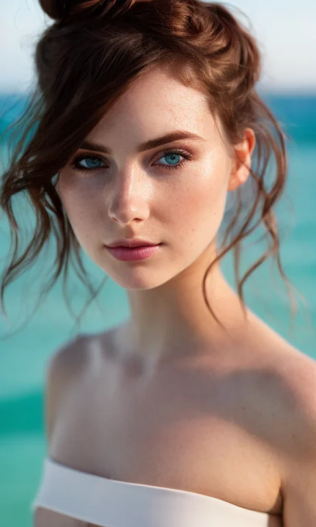 Close Up Of Brunette Woman, Centered, Messy Bun, Blue Eyes,...