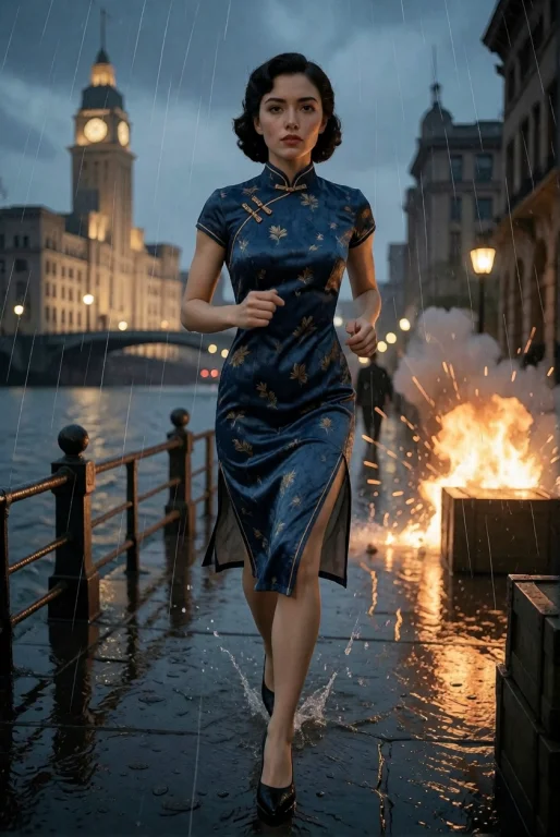 1940s Wartime Shanghai, 1943  Rain-slicked Bund Waterfront....