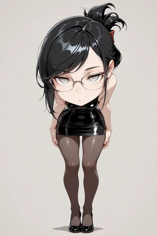 A Woman With Black Hair, Swept Bangs, Folded Ponytail, Grey...