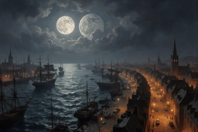 D, Oil Painting, A Port City Under Two Moons That Are Too Cl...