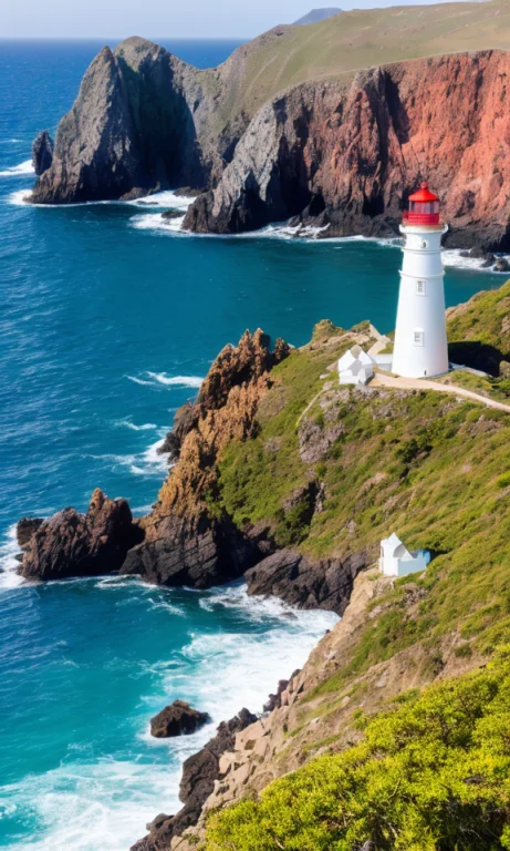A Lighthouse On Top Of A Rocky Outcropping With The Ocean An...