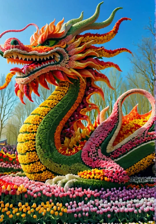 Hyperdetailed Photography Of Dragon Made Of Tulips, Flying O...