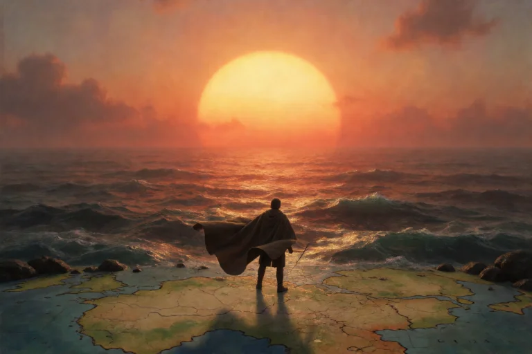 3d, Oil Painting, A Single Human At The Edge Of A Map That H...
