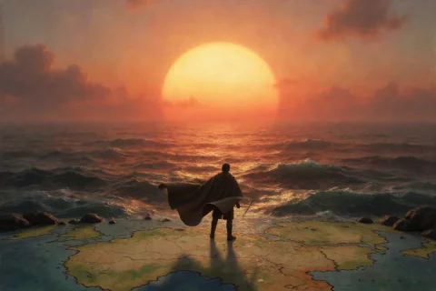 3d, Oil Painting, A Single Human At The Edge Of A Map That H... — Stable Diffusion AI Prompt: 3D, Oil Painting, A single human at the edge of a map that has run out, cloak ho...