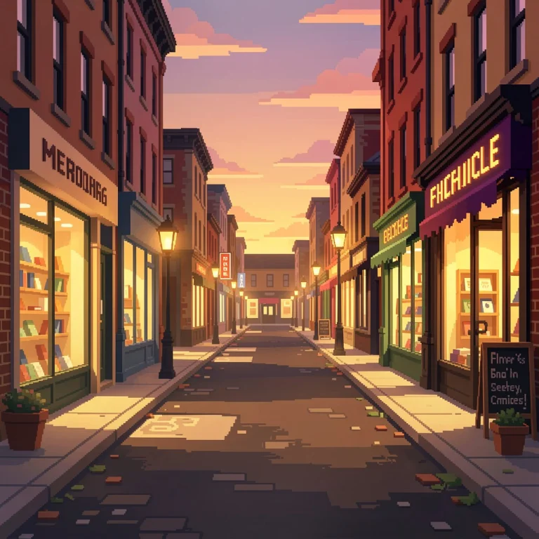 A Quiet Street Of Shops Closing At Dusk, Pixel Art, Golden H...