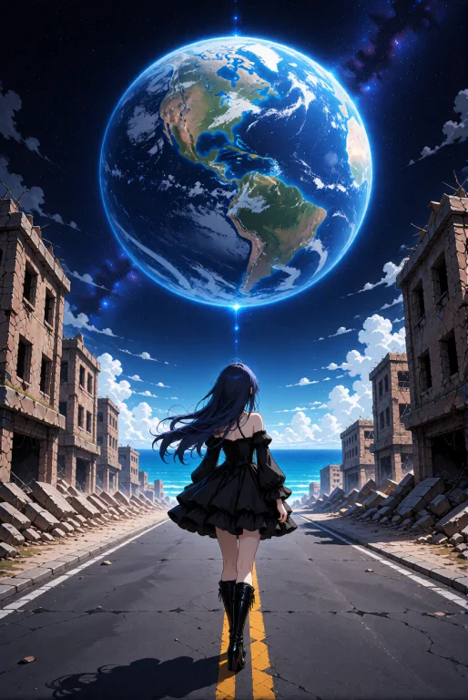A Young Woman With Long, Flowing Dark Blue Hair And A Slende...