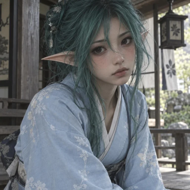 Elf Girl With Messy Teal-green Hair, Long Pointed Ears, Big...