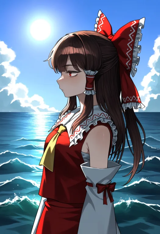 1girl, Hakurei Reimu, Blue Sky, Bow, Brown Hair, Cloud, Clou...