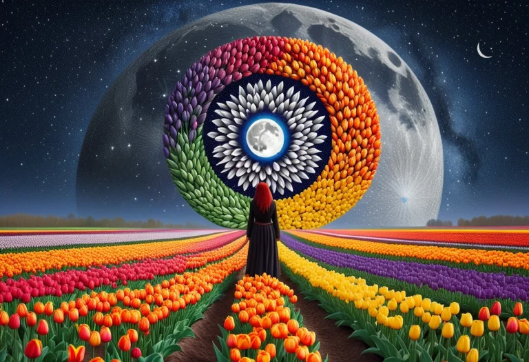 A Woman, Inkdot70 Made Of Tulips, Standing In Field Looking...