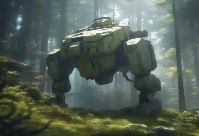 A Mech Curled Dormant In A Mossy Forest, Cel Shaded Anime, D...