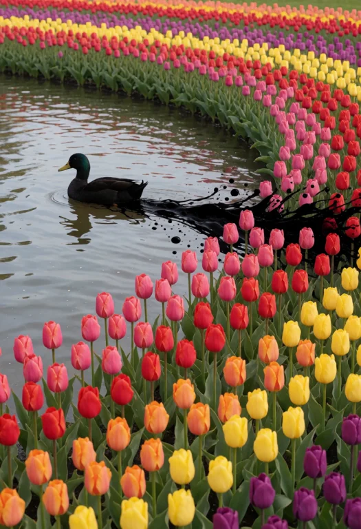 Jaynl-tm,tulips,a Black Duck Floating Across A Lake Of Color...