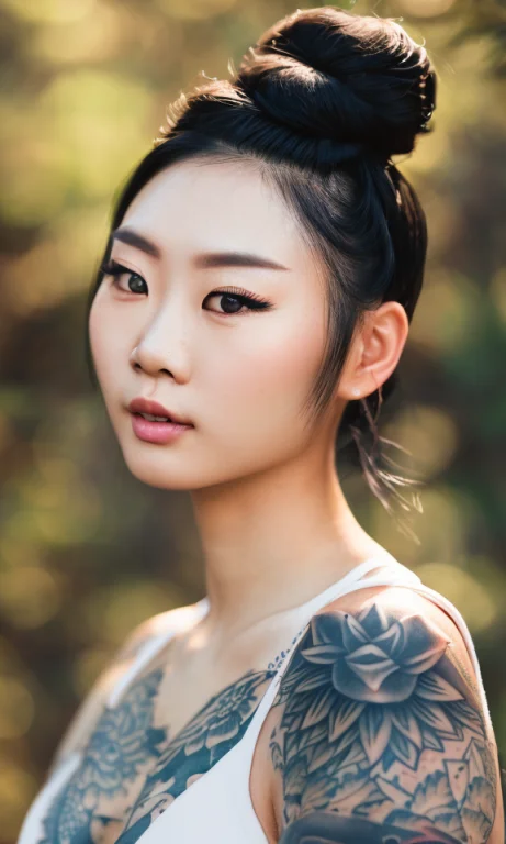 Close Up Of Asian Woman, Tattoos, Centered, Messy Bun, Blue...