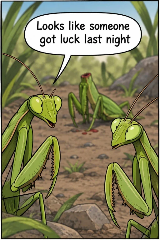 A Draw Me A Comic Image Of 2 Praying Mantiss Talking. In The...