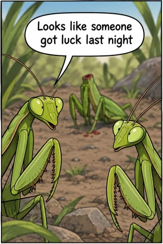 A Draw Me A Comic Image Of 2 Praying Mantiss Talking. In The... — Stable Diffusion AI Prompt: A draw me a comic image of 2 praying mantis's talking. In the background is anot...