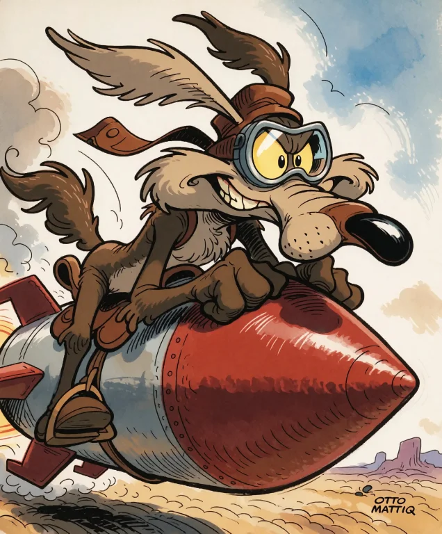 Wile E. Coyote Riding A Red Rocket