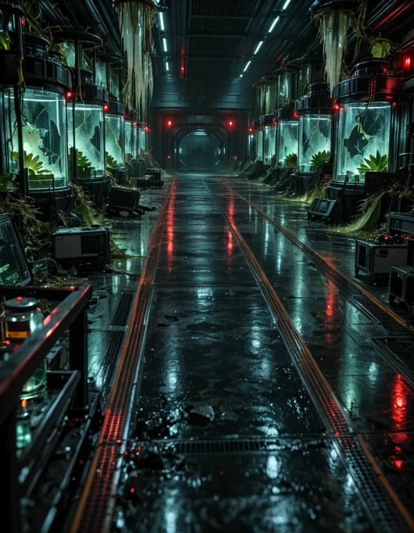 Scifi H0rr0r, Photorealistic, Ruined Genetics Laboratory Aft...