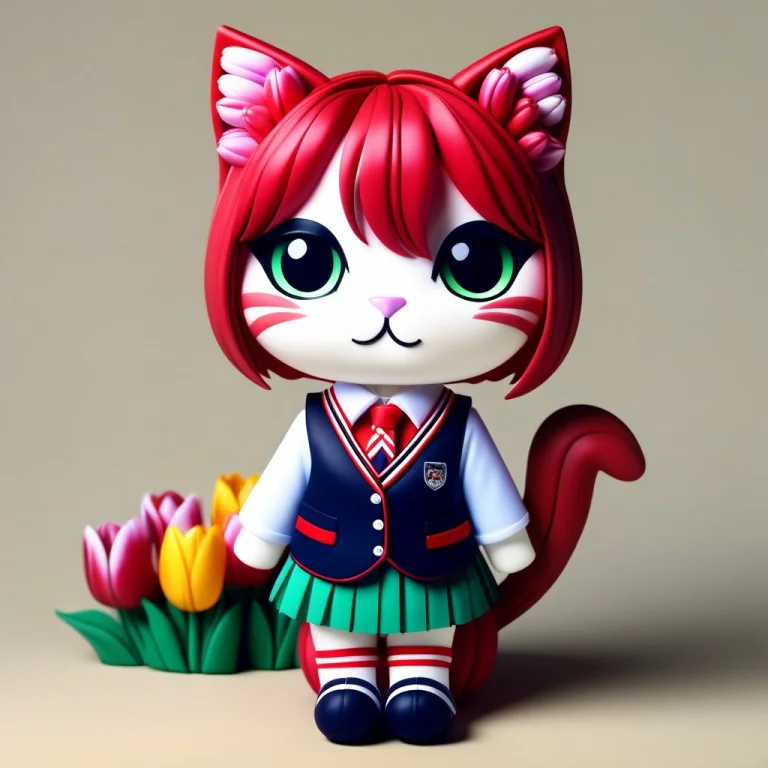 A 3d Chibi Anime Red Hair Cat Girl Wear Tulips School Unifor...