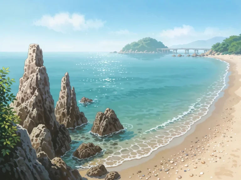 Anime Style Beach With Rocks Turquoise Water Bridge In Dista...