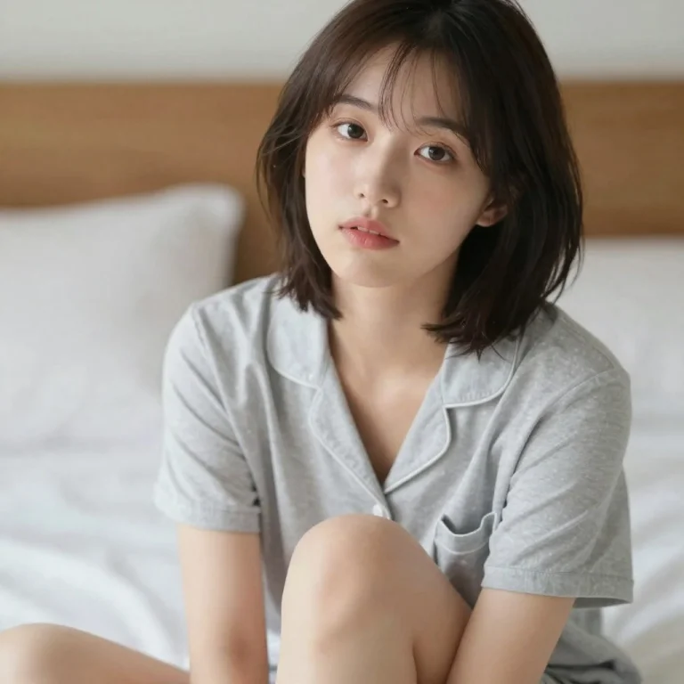 Morning  Beautiful Korean Japanese Girl Short Hair , Close U...