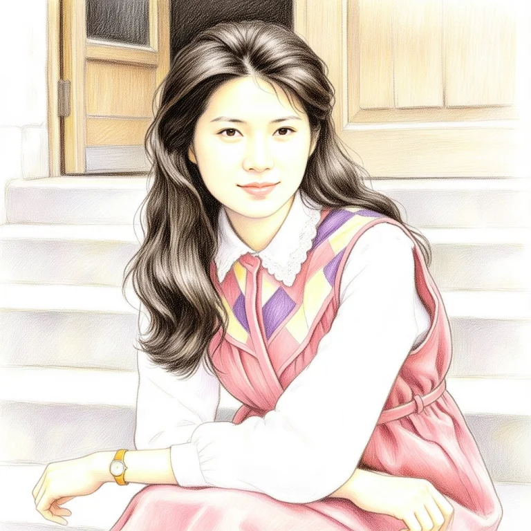 This Is A Detailed, Colored Pencil Drawing Of An Asian Woman...