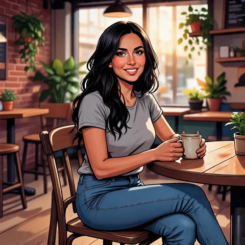 Alin, A Digital Illustration Of A Woman Sitting At A Round W... — Stable Diffusion AI Prompt: Alin@, A digital illustration of a woman sitting at a round wooden table in a ca...