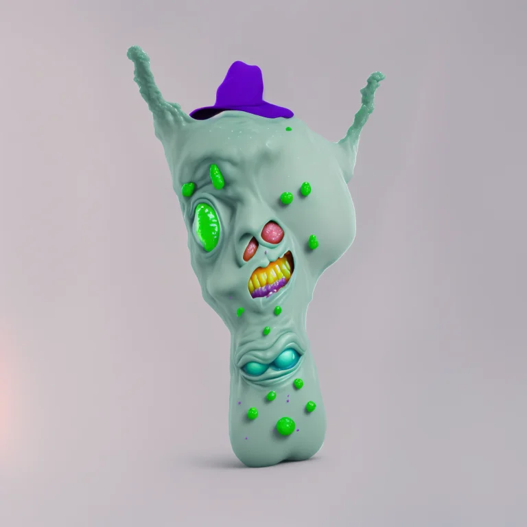 Green Monster Body With Dark Green Boils, Purple Hat, Two Fa...