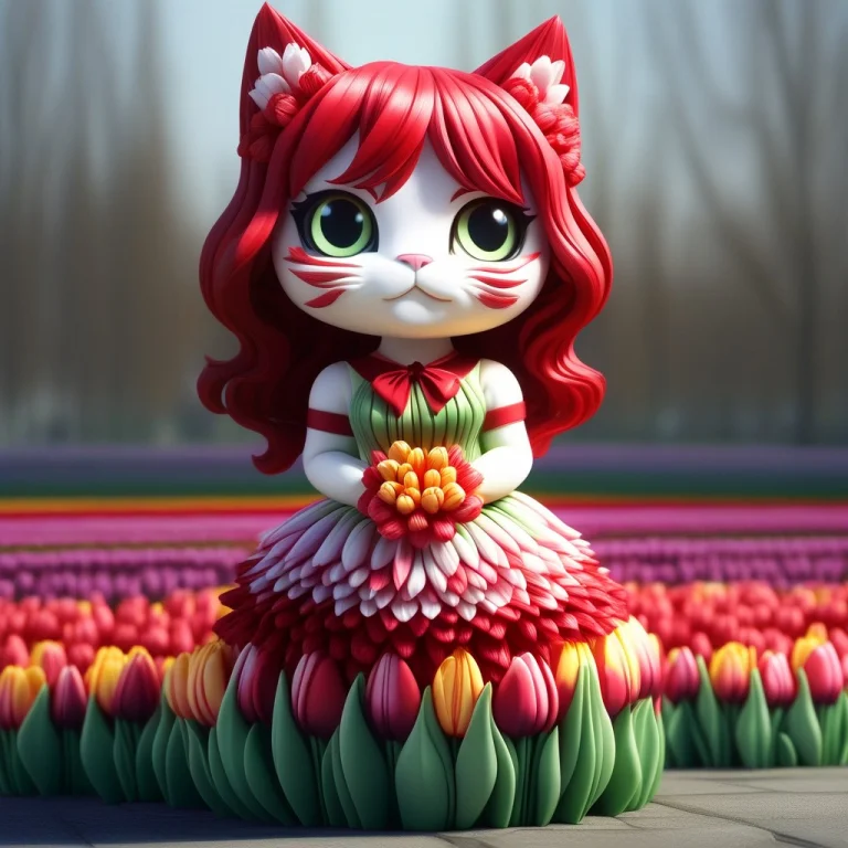 A 3d Chibi Anime Red Hair Cat Girl Wear Tulips Long Dresses...