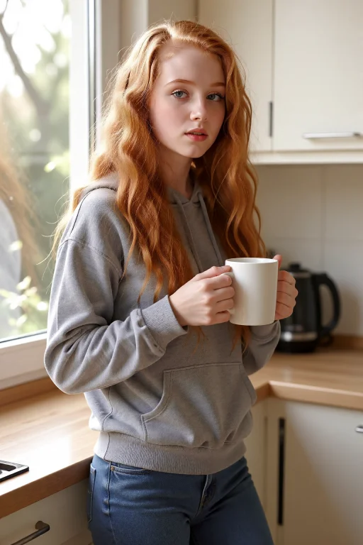 Faye Stands In A Kitchen Holding A Mug. Strawberry-copper Ha...