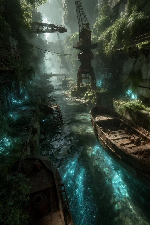 A Wide Low-angle Shot Of A Decaying Overgrown Industrial Wat...
