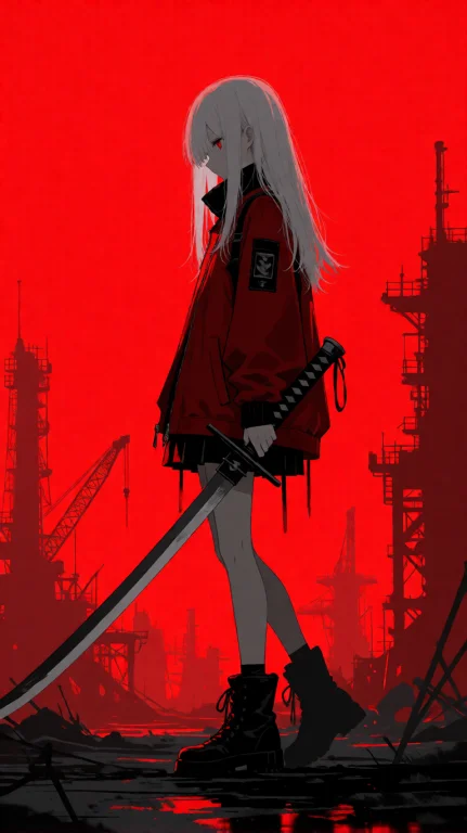 A Person With Long White Hair, Wearing A Dark Red Jacket Wit...