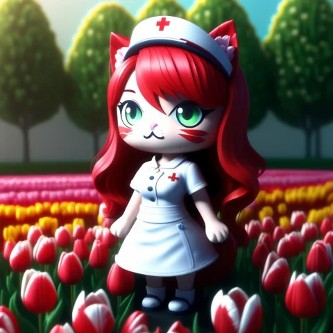 A 3d Chibi Anime Red Hair Cat Girl Wear Tulips Nurse Dresses... — SDXL AI Prompt: a 3d chibi anime red hair cat girl wear tulips nurse dresses jaynl-tm, made of t...