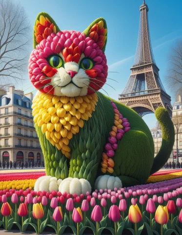 A Giant Cat Walking Through Paris Made Of Tulips, Jaynl-tm,... — SDXL AI Prompt: A giant cat walking through Paris made of tulips, jaynl-tm, lazypos, 