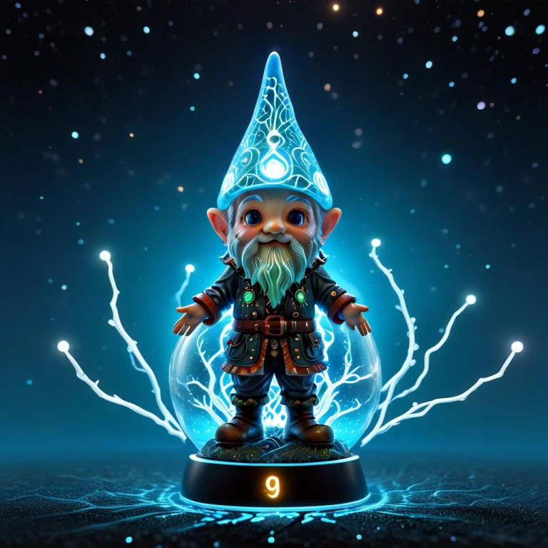 A Bioluminiscent Chibi Gnome Standing On A Blue And White Bi...
