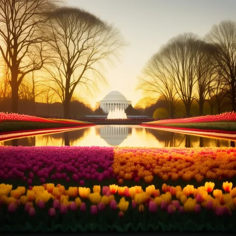 Generate A Photo Of The Washington Reflecting Pool Completel... — SDXL AI Prompt: Generate a photo of the Washington reflecting pool completely full of tulips, ef...