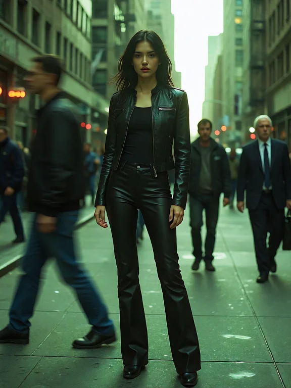 A Cinematic Photograph Of A Black-haired Woman Dressed In Bl...