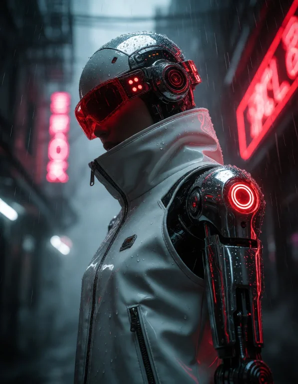 A Stylized Figure Standing In A Dark, Rain-slicked Futuristi...
