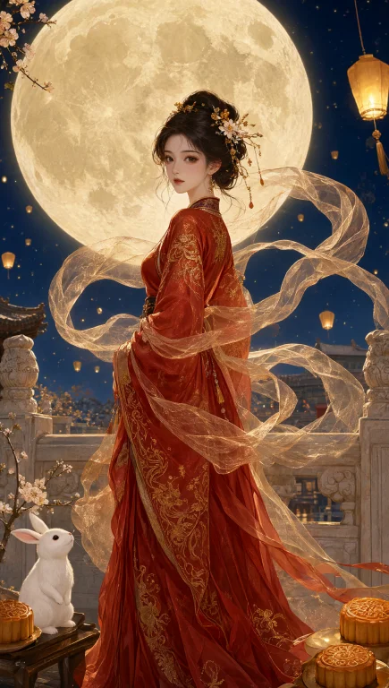中秋节插画,国风厚涂,板绘精细,半写实美型女性,传统汉服红色...