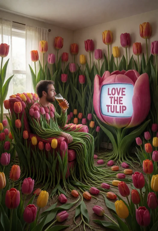 Jaynl-tm,made Of Tulips,man Sitting In Armchair Drinking Bee...