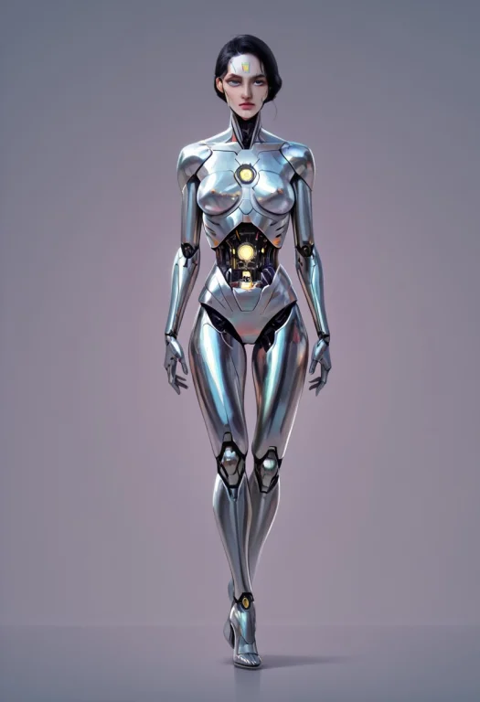 An Humanoid Robot With Mechanical Body, Limbs, Torso. Shiny...